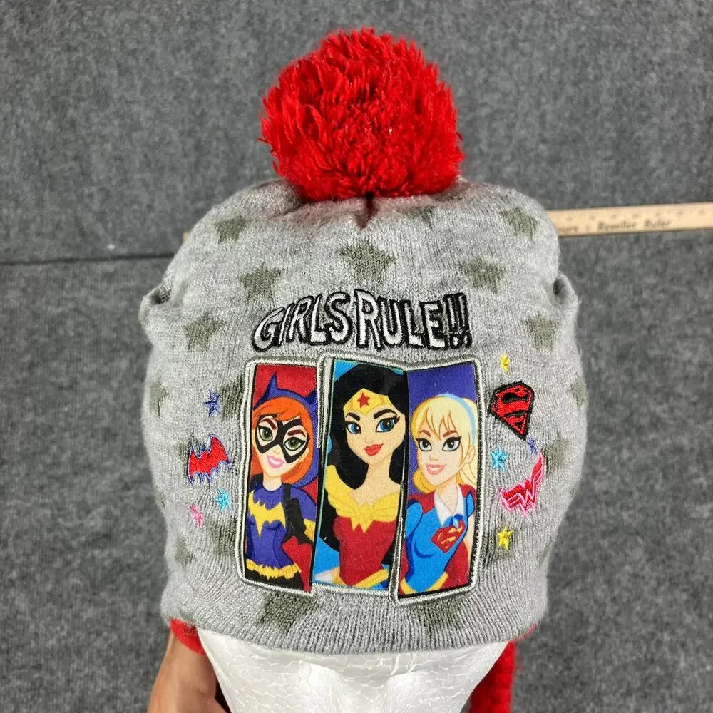 DC Super Hero Girls Beanie Youth Girls Gray Red Pom Knit Hat One Size Girl Power